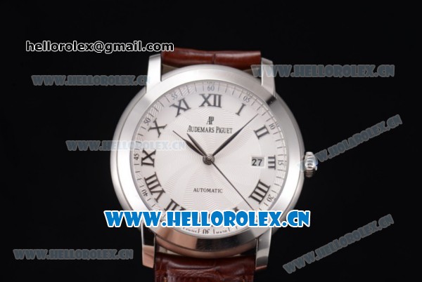 Audemars Piguet Jules Audemars Clone AP Calibre 3120 Automatic Steel Case with White Dial Brown Leather Strap and Roman Numeral Markers (EF) - Click Image to Close